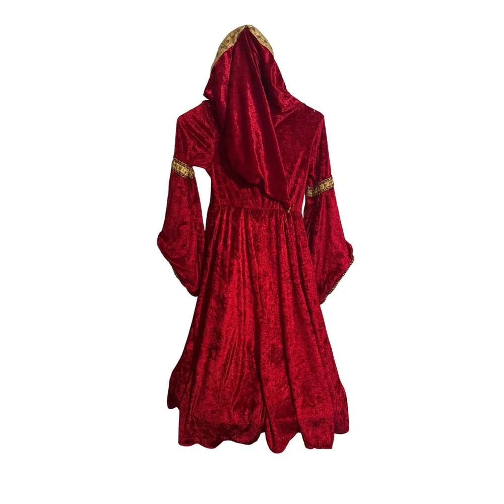 Renaissance Medieval Princess Costume Red Gold Hooded Velvet Hoop Dress Girls M